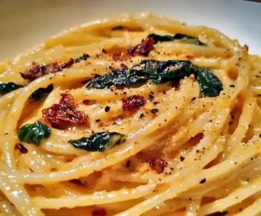 Creamy spaghetti with spinach and sun-dried tomatoes served on a plate