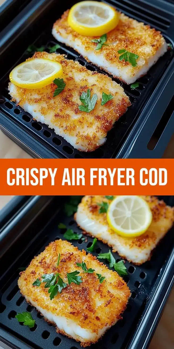 Delicious crispy air fryer cod fish served with lemon and herbs