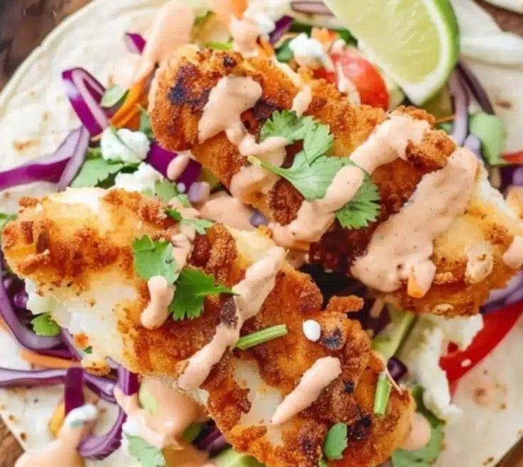 Crispy feta-crusted fish tacos served with fresh toppings