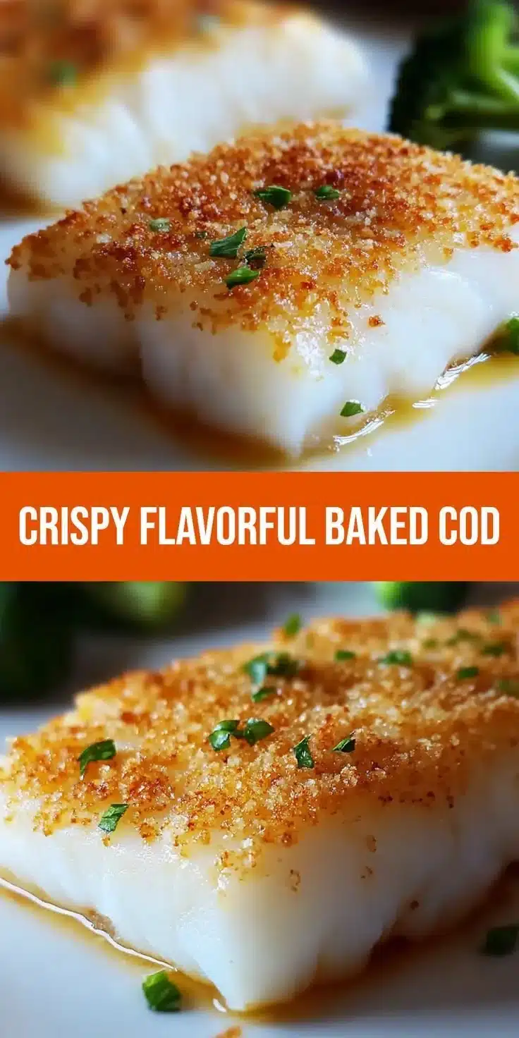 Crispy panko parmesan crusted baked cod on a plate, garnished with herbs