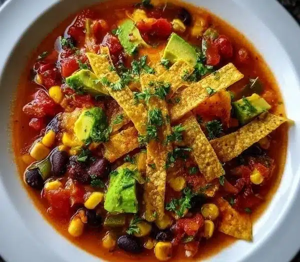 Bowl of Crockpot Vegetarian Tortilla Soup with fresh toppings