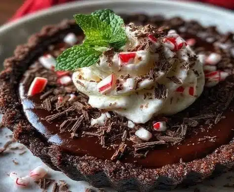 Dark Chocolate Peppermint Mousse Tart with a velvety chocolate layer