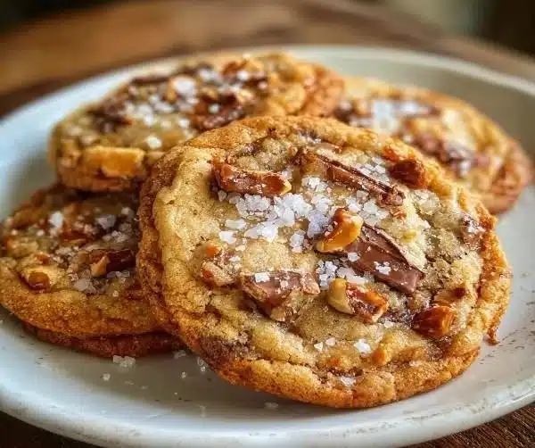 Decadent chewy toffee cookies with sea salt on a baking tray