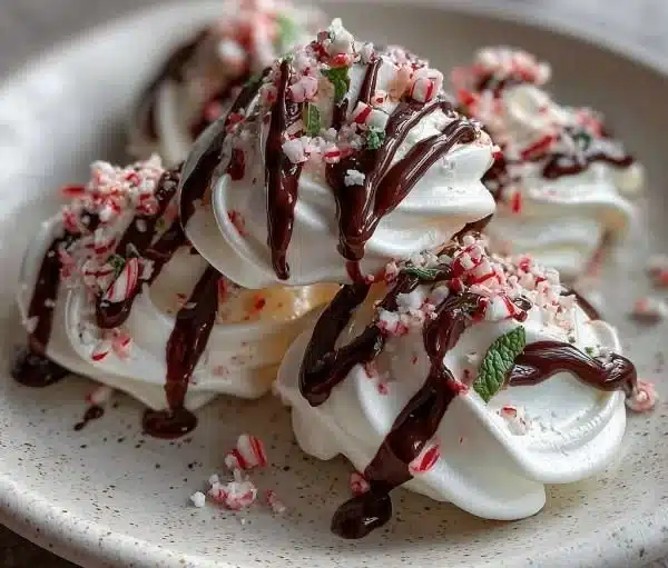 Delicate peppermint meringues topped with a rich chocolate drizzle on a festive plate.