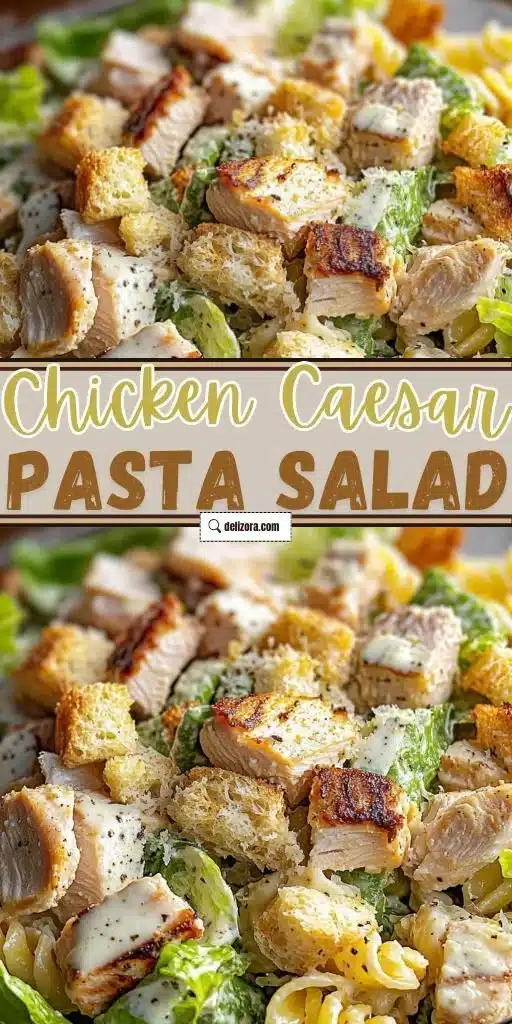 Delicious Chicken Caesar Pasta Salad in a bowl with fresh ingredients