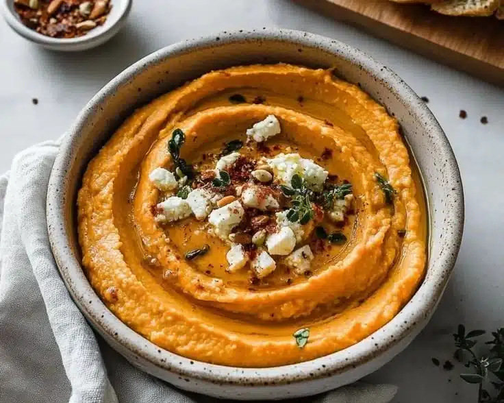 Creamy pumpkin whipped feta dip served in a bowl, garnished with herbs.