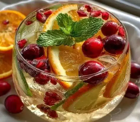 A glass of Festive White Christmas Sangria with fruit and holiday decorations.