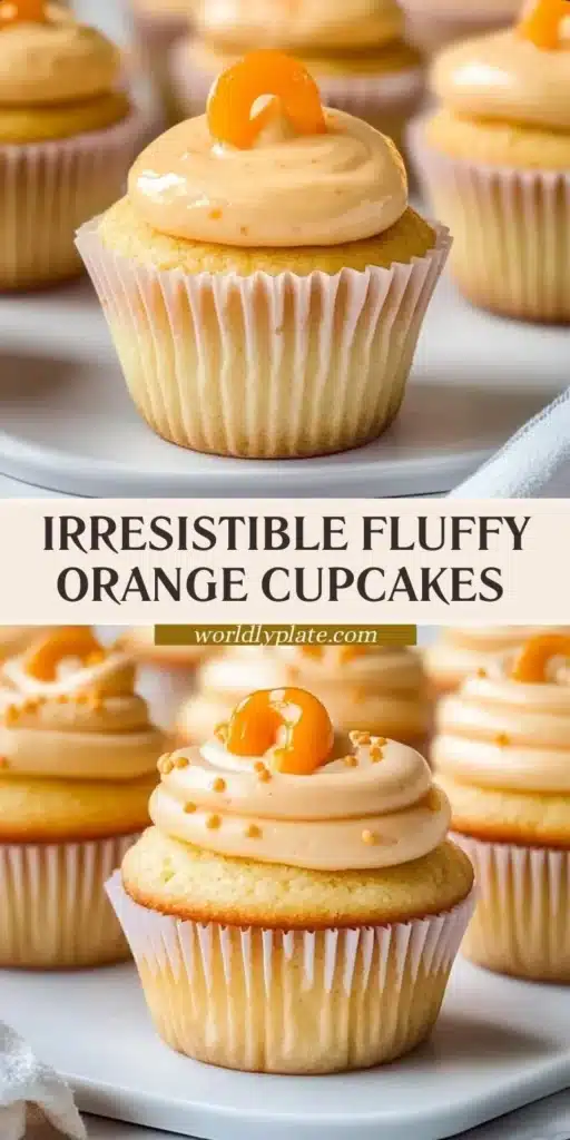 Fluffy orange cupcakes topped with citrus frosting on a decorative plate