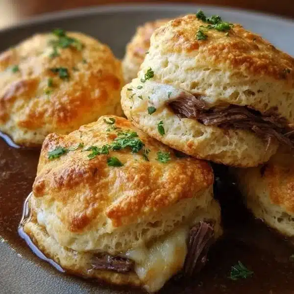 Delicious French Dip Biscuits served with flavorful au jus dip.