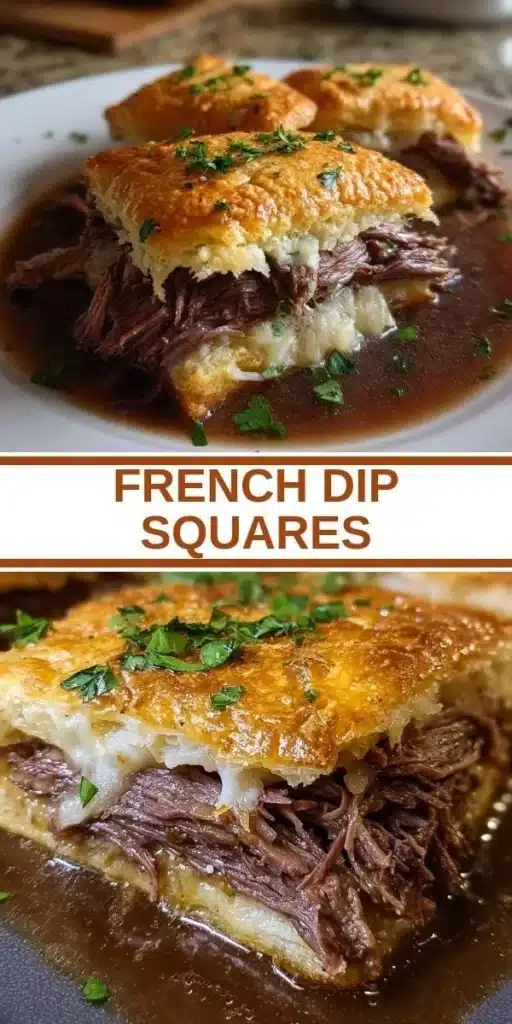 Plate of French Dip Squares with au jus for dipping