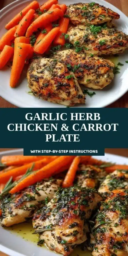 Grilled garlic herb chicken served on a plate with carrots and herbs.