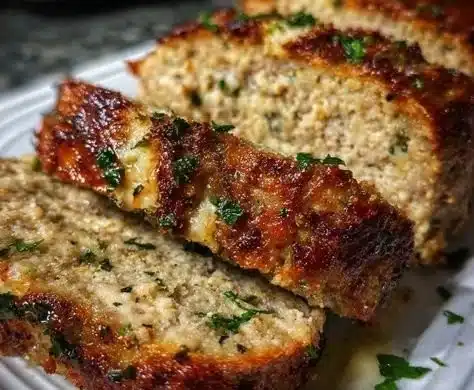 Delicious Garlic Parmesan Chicken Meatloaf garnished with herbs