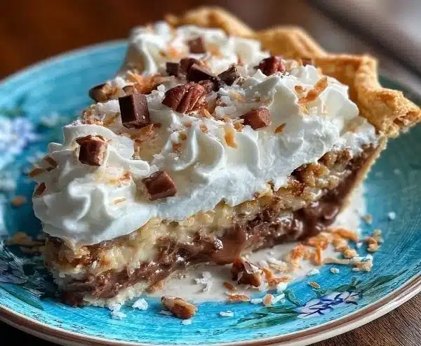 Slice of German Chocolate Pie topped with coconut and pecans on a plate.