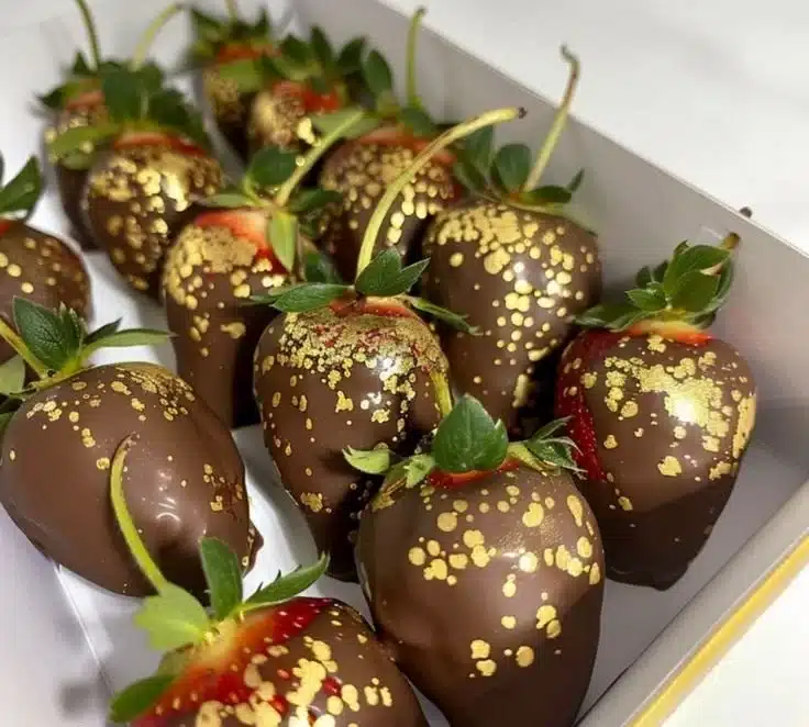 Gold-dusted chocolate strawberries arranged beautifully on display