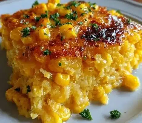 Golden Honey-Glazed Corn Casserole served in a baking dish