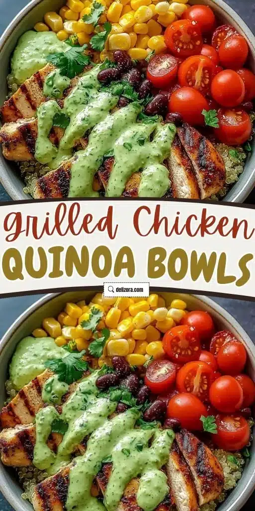 Grilled Chicken Quinoa Bowl topped with creamy avocado sauce on a wooden table