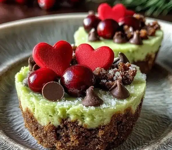 Festive Grinch mini cheesecakes decorated for holiday celebrations
