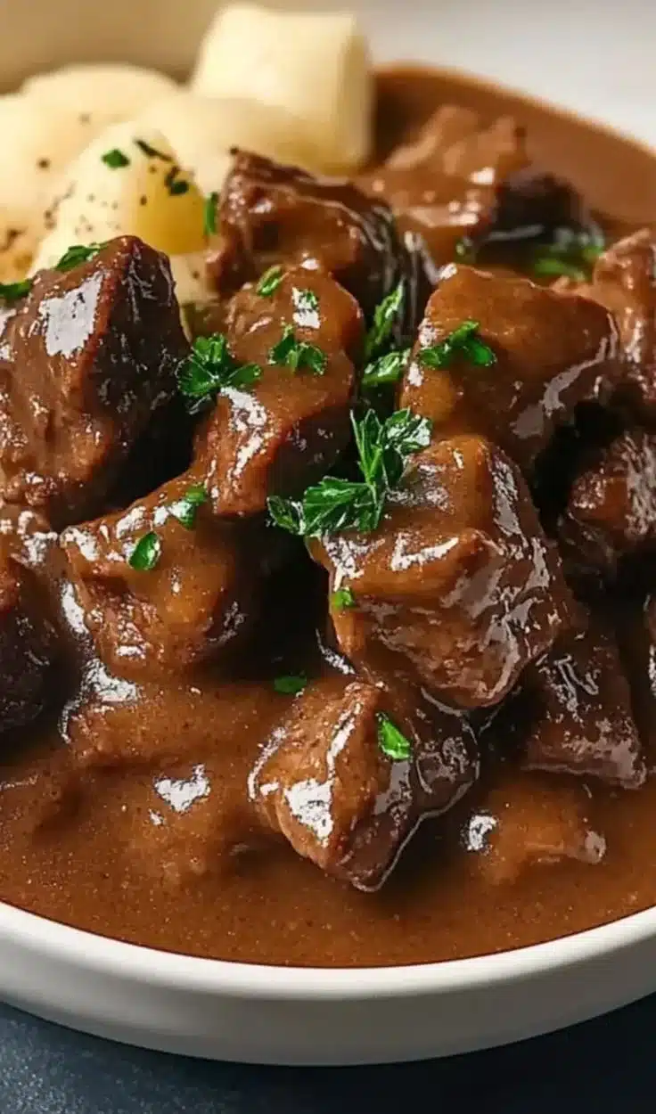 A cozy bowl of hearty Crock Pot beef tips and gravy ready to serve.
