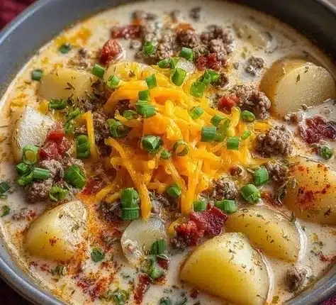 Bowl of hearty crockpot creamy potato and hamburger soup