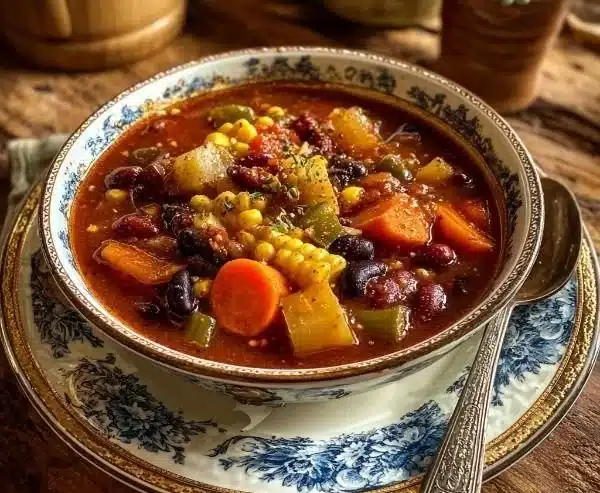 Bowl of hearty spicy cowboy soup with smoky beans and colorful vegetables