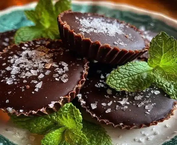 Homemade peppermint patties displayed on a plate, showcasing minty chocolate confectionery.
