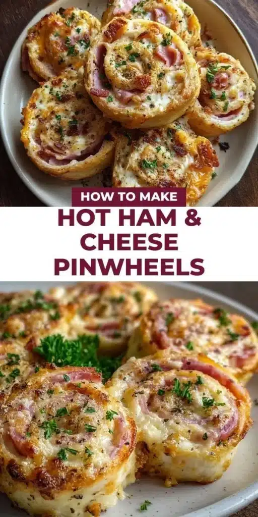 Hot ham and cheese pinwheels served on a platter, ideal for snacks and appetizers.