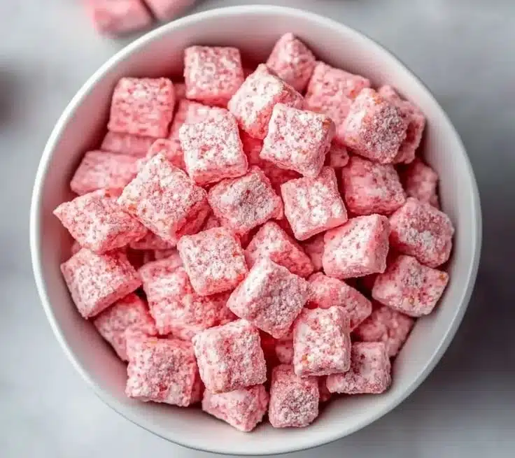 Easy strawberry shortcake puppy chow treats in a colorful bowl