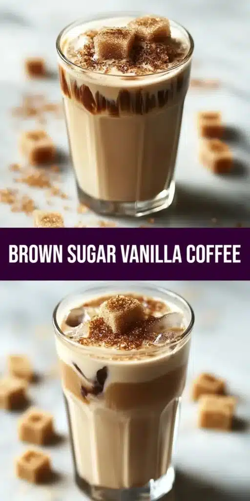 Delicious brown sugar vanilla iced coffee in a glass with ice and straw