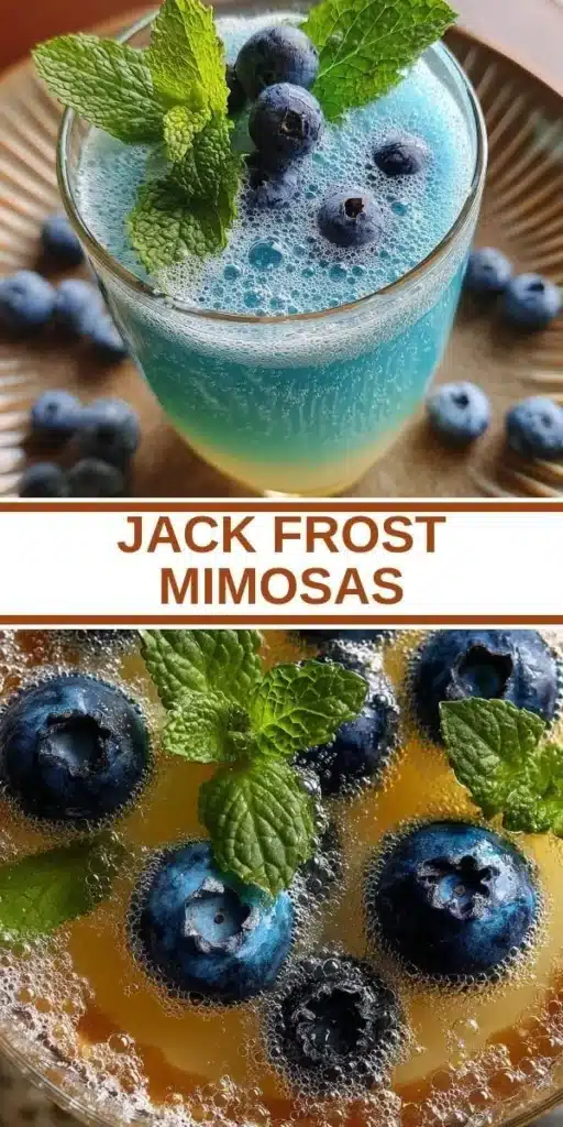 Jack Frost Mimosas garnished with fresh fruit in a winter setting