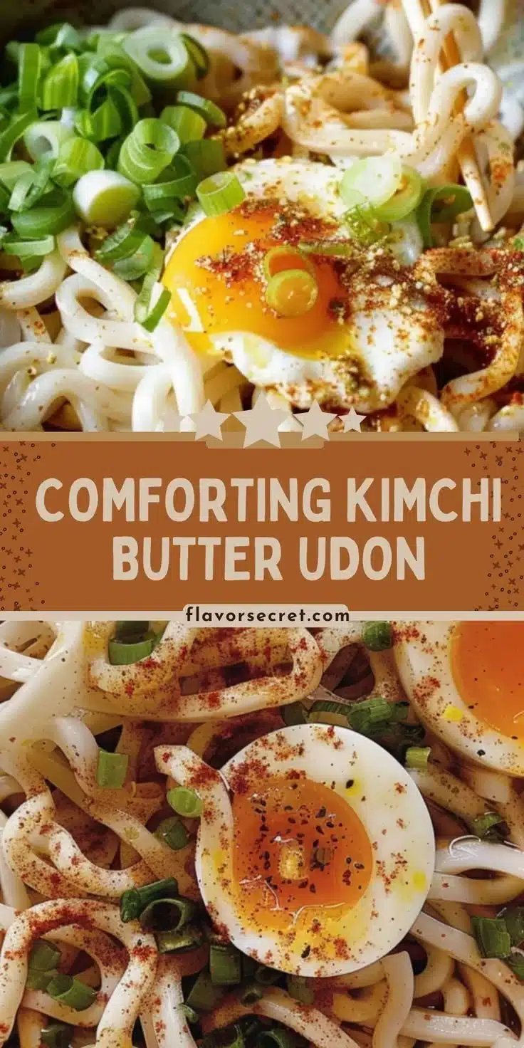Bowl of Kimchi Butter Udon with a soft boiled egg and garnishes