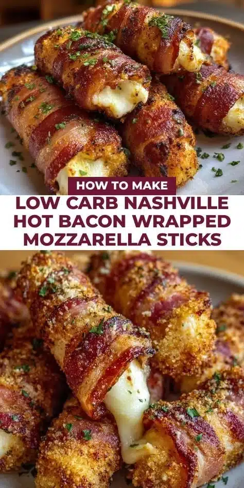 Low carb Nashville hot bacon wrapped mozzarella sticks on a plate