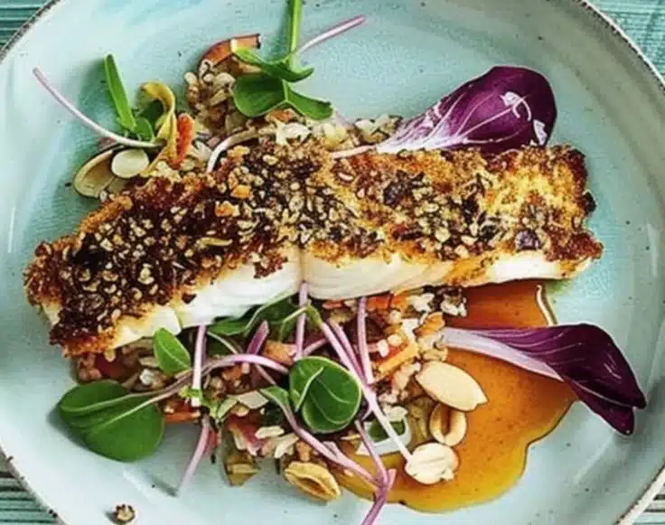Plate of Macadamia-Crusted Barramundi garnished with fresh herbs.