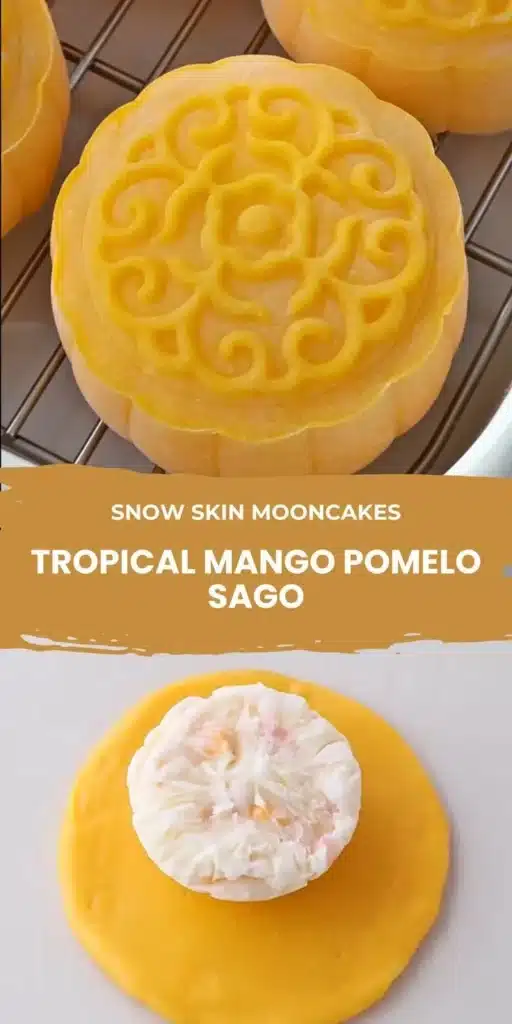 Mango Pomelo Sago Snow Skin Mooncakes on a decorative plate