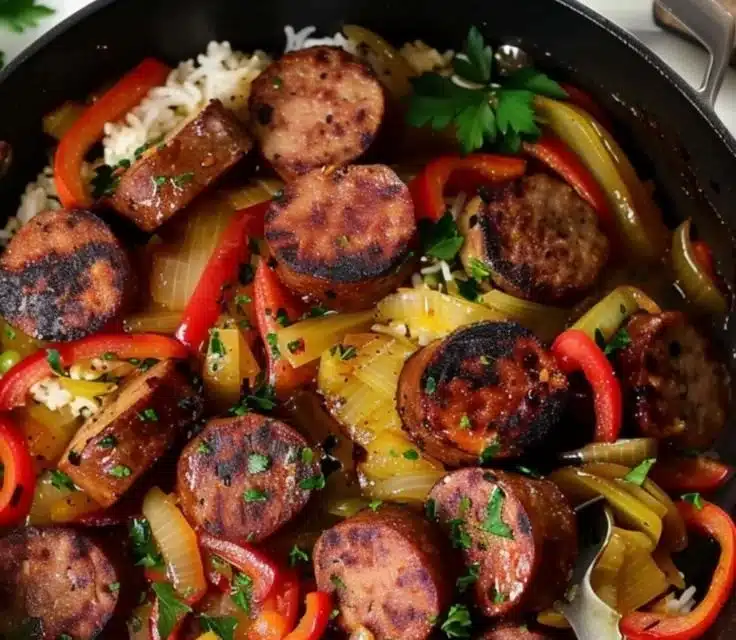 Maple Dijon Cabbage and Sausage Skillet dish served in a skillet.