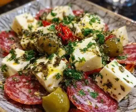 Delicious marinated cheese appetizer served with herbs and spices.
