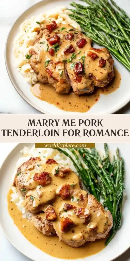 Delicious Marry Me Pork Tenderloin on a serving plate with herbs.