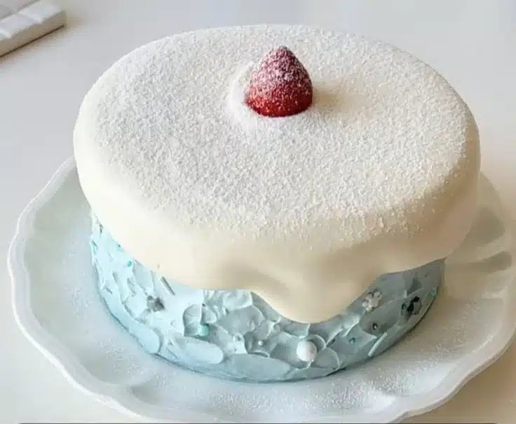 First Snow Lava Angel Cake decorated for Christmas dessert