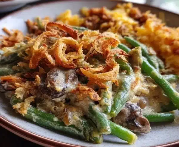 Delicious green bean casserole with crispy topping and creamy sauce
