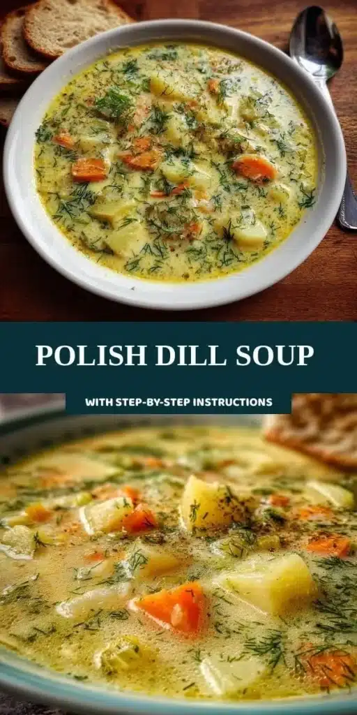 Bowl of traditional Polish Dill Soup garnished with fresh dill and potatoes