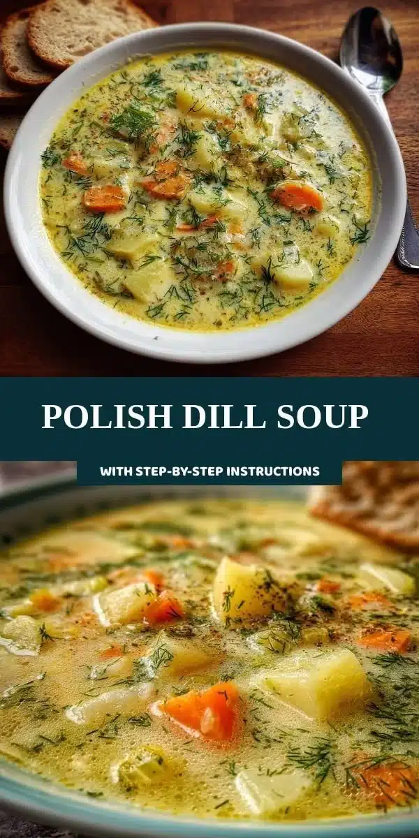 Bowl of traditional Polish Dill Soup garnished with fresh dill and potatoes