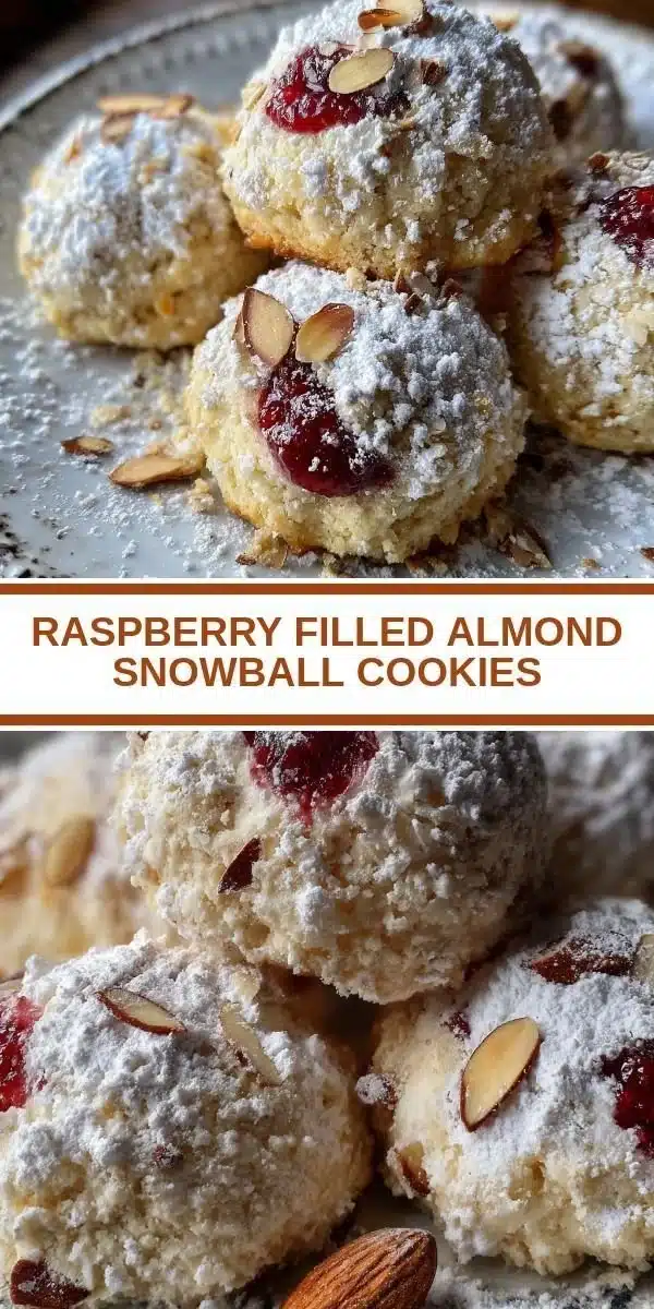 Raspberry Filled Almond Snowball Cookies dusted with powdered sugar