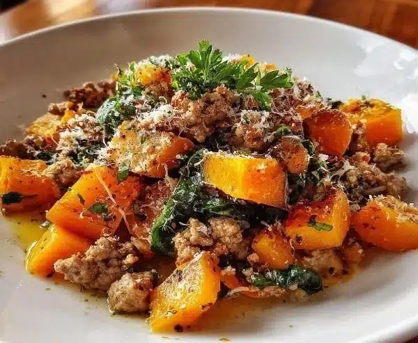 Dish of roasted butternut squash with ground turkey, garnished with herbs.
