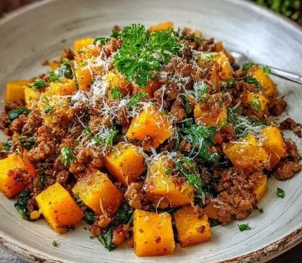 Roasted butternut squash with ground turkey on a plate