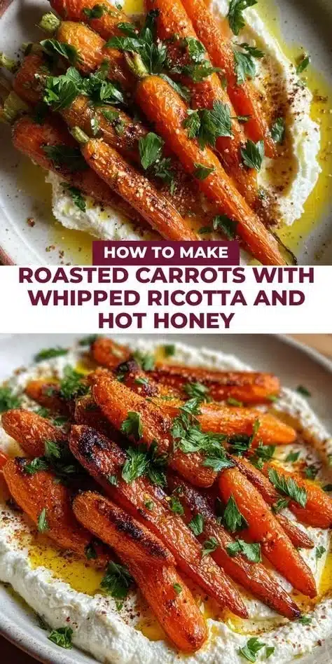 Plate of roasted carrots with whipped ricotta and hot honey drizzle