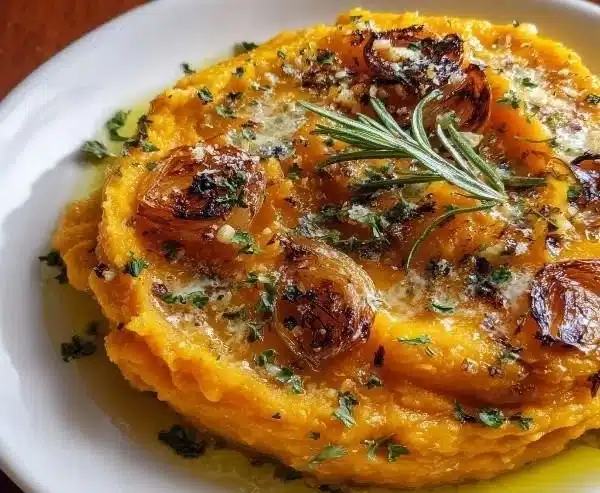 Delicious roasted garlic mashed butternut squash in a serving bowl