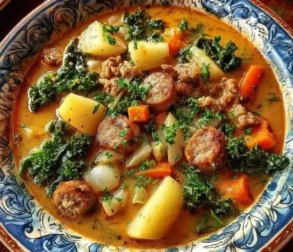 Bowl of hearty Sausage Potato Soup with potatoes and sausage slices