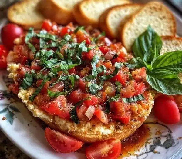 Savory baked bruschetta dip with fresh basil and garlic served in a dish