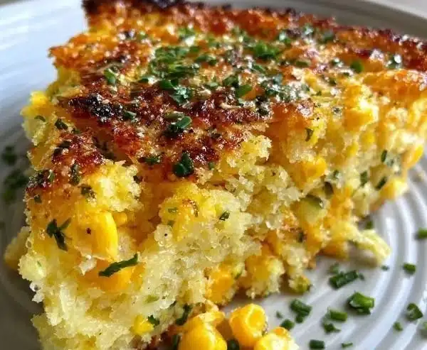 Savory baked corn pudding with cheddar cheese and fresh herbs