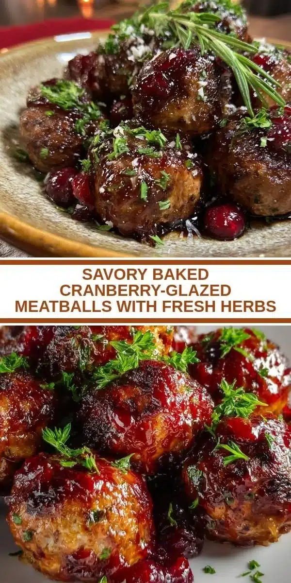 Savory baked cranberry-glazed meatballs garnished with fresh herbs
