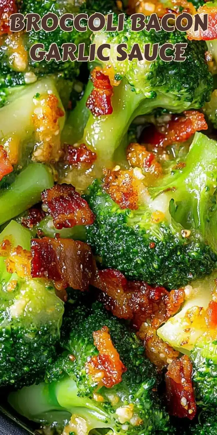 Savory broccoli with garlic sauce and bacon in a delicious serving.